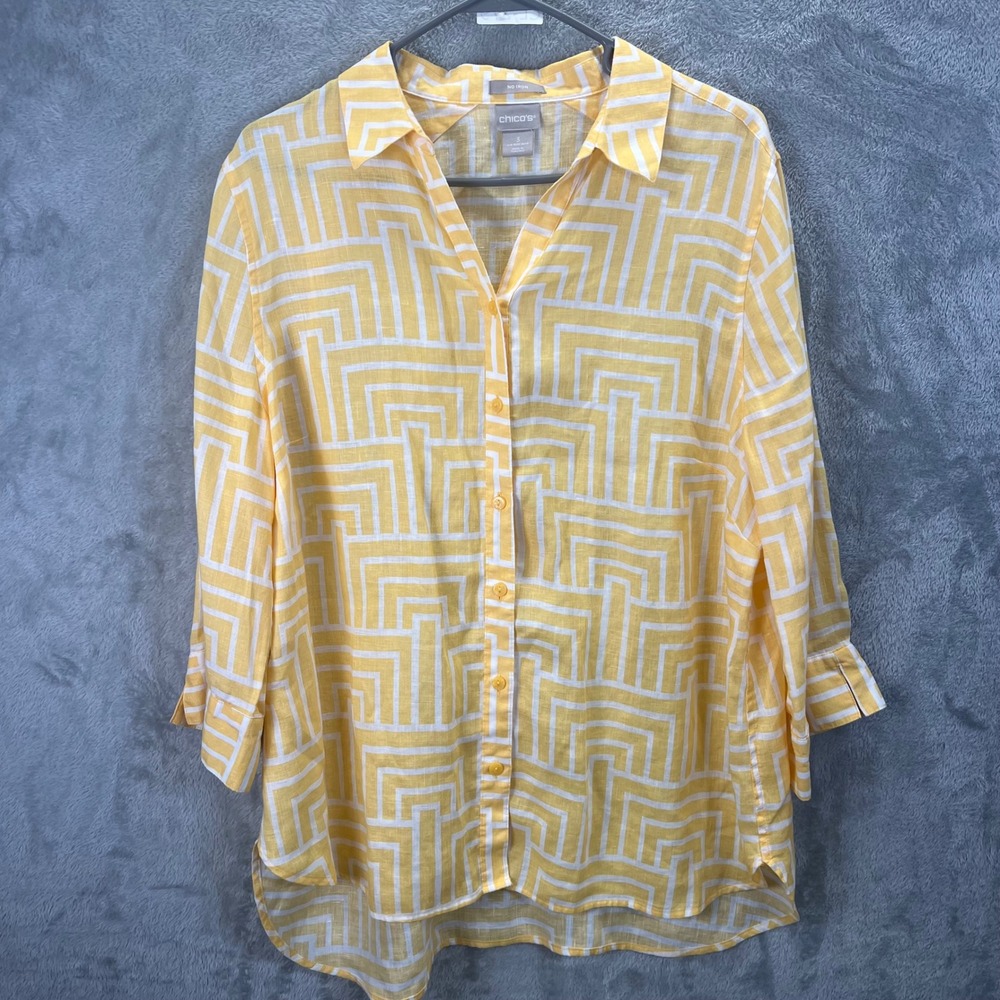 Chicos No Iron 100% Linen Shirt Lagenlook Yellow Cassual Chic‎ Size 3
